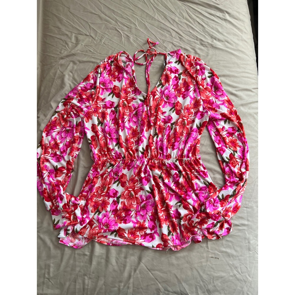 White Birch Pink Red Floral Long Sleeve Romper M Cutout Tie Back
